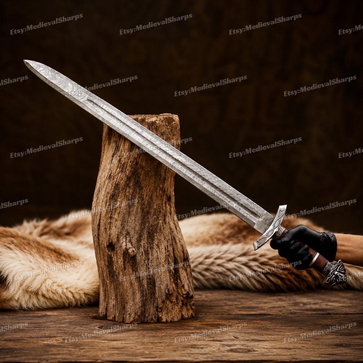 Viking Costume & LARP - 36” Damascus Northmen Sword with Scabbard, Handmade Collectible Medieval