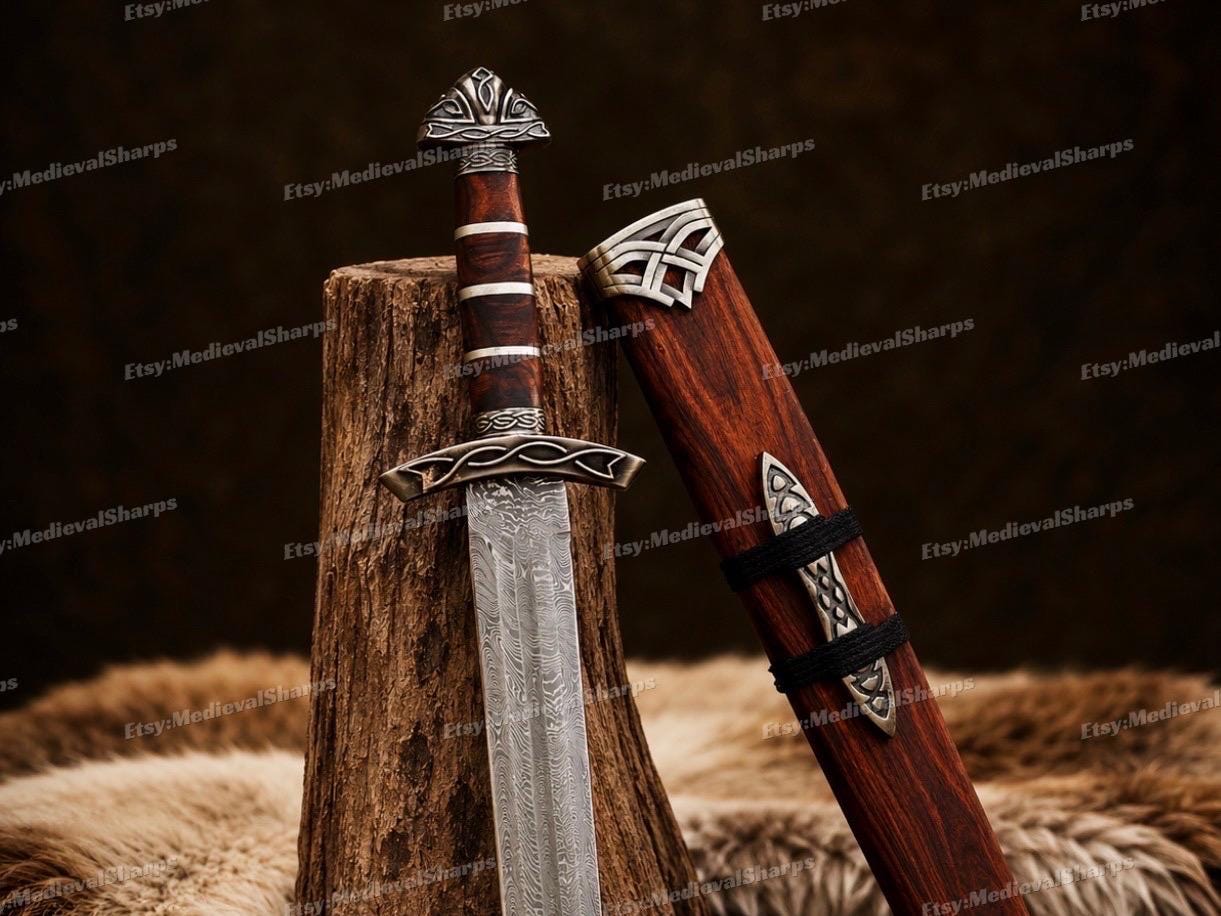 Viking Costume & LARP - 36” Damascus Northmen Sword with Scabbard, Handmade Collectible Medieval