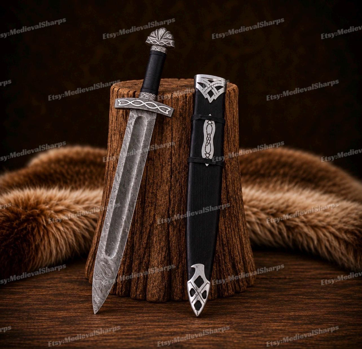 Viking Costume & LARP - 36” Damascus Northmen Sword with Scabbard, Handmade Collectible Medieval