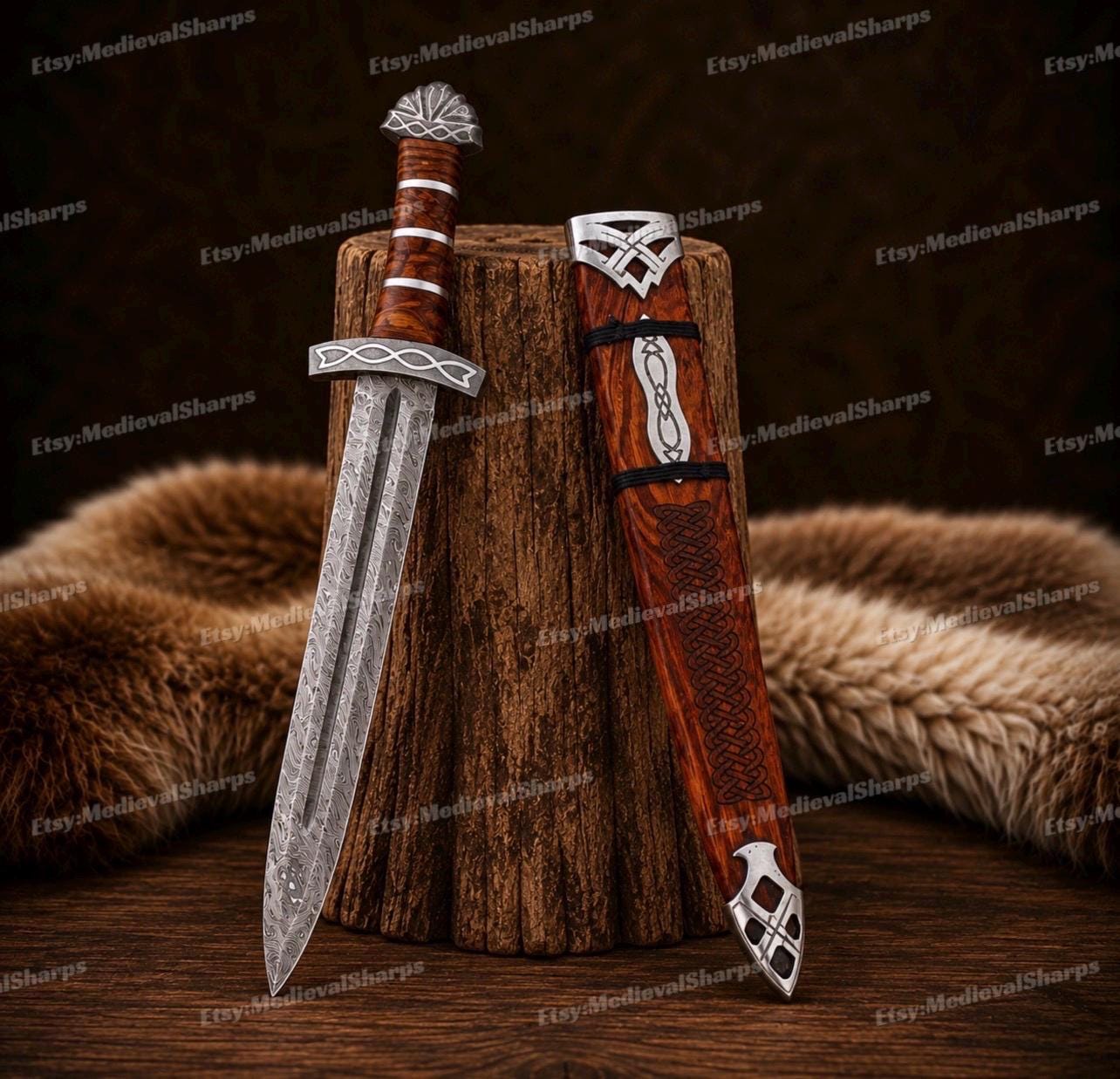 Viking Costume & LARP - 36” Damascus Northmen Sword with Scabbard, Handmade Collectible Medieval
