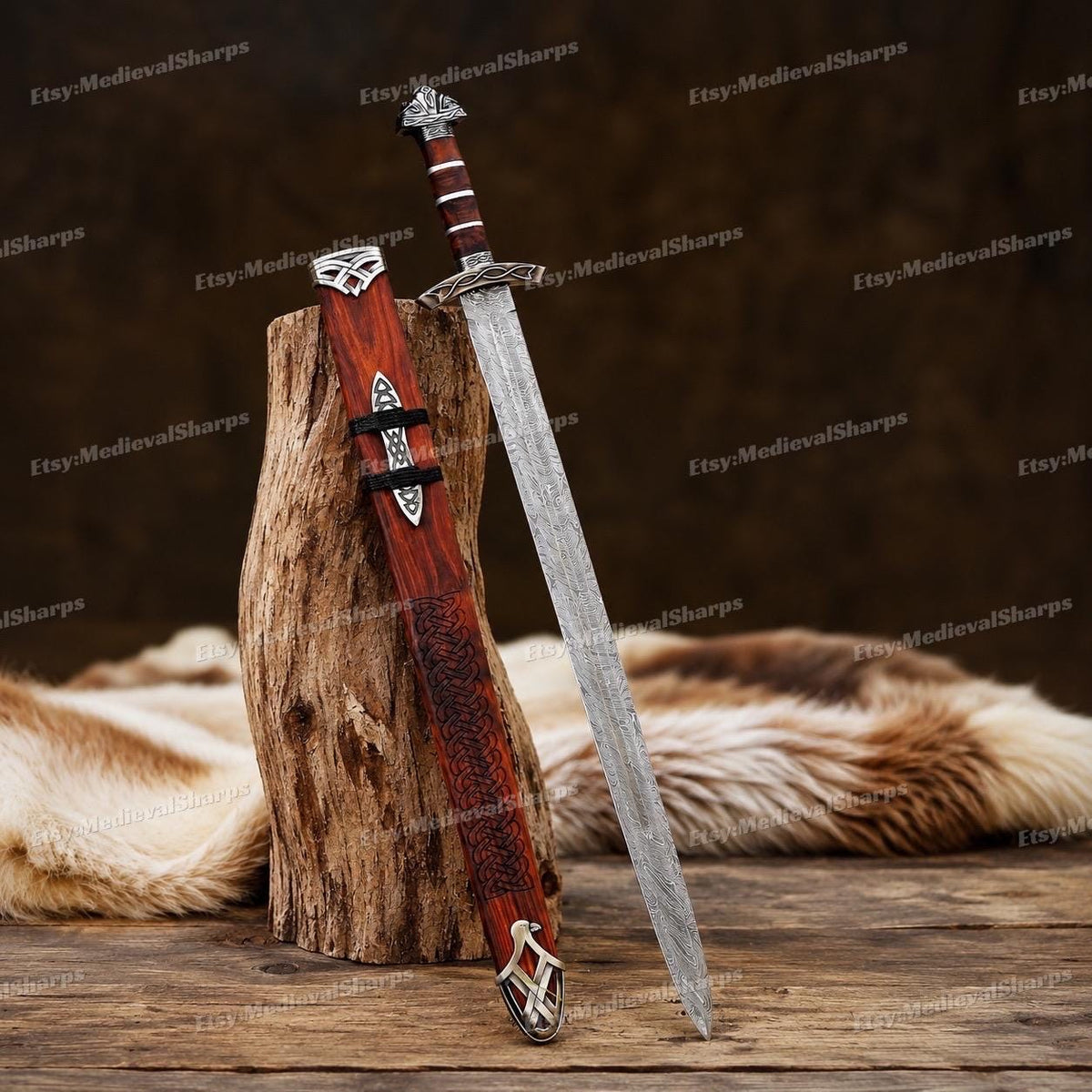 Viking Costume & LARP - 36” Damascus Northmen Sword with Scabbard, Handmade Collectible Medieval