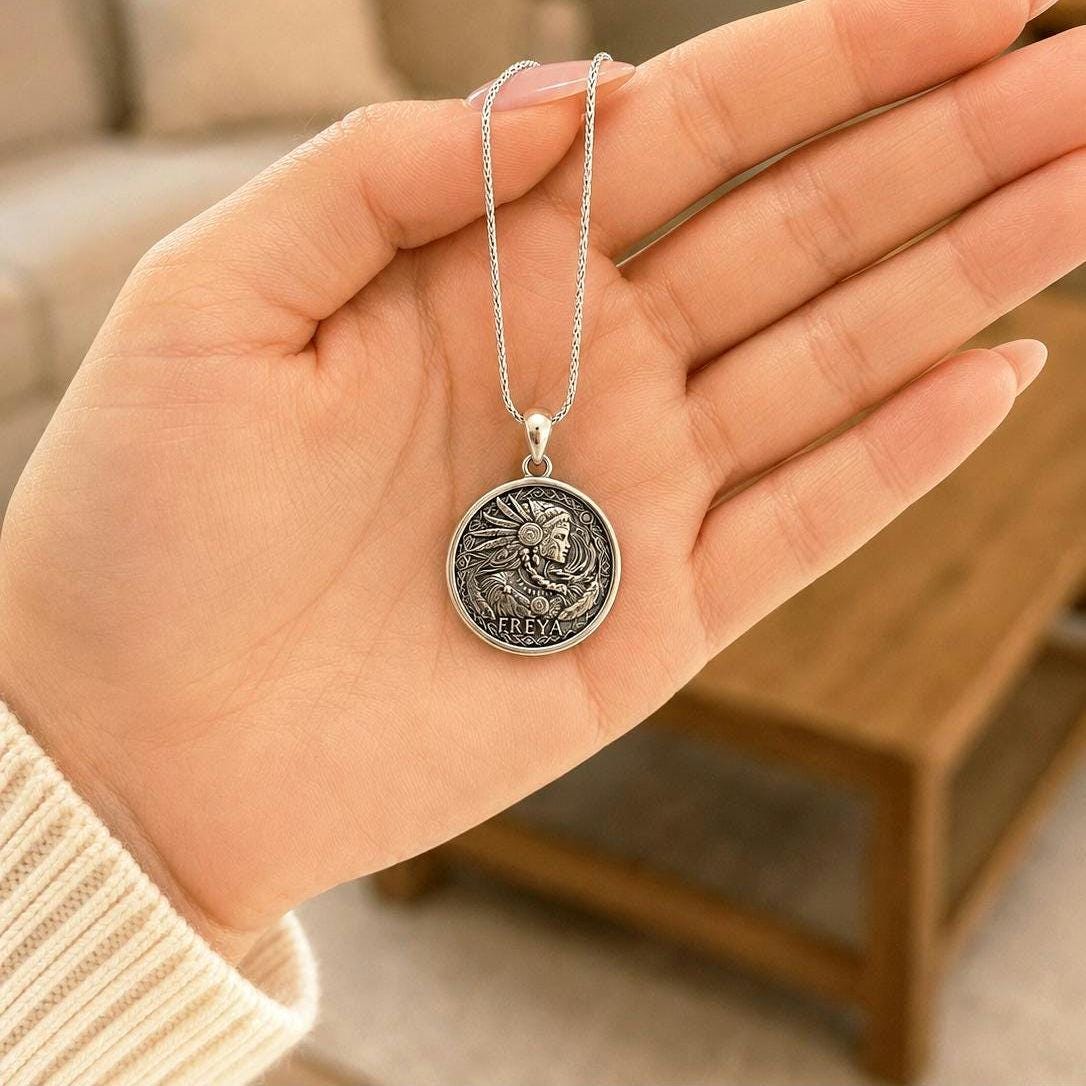 Viking Necklace - Norse Goddess Freya Coin Pendant, Viking Mythology, Freyja Sterling Silver Brass