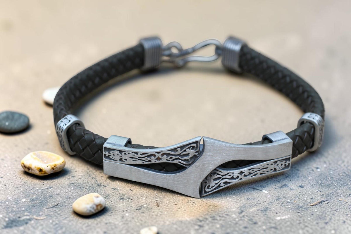 Viking Bracelet - Mens Leather Cuff Bracelet, Celtic Engraved Sterling Silver Braided Viking Norse