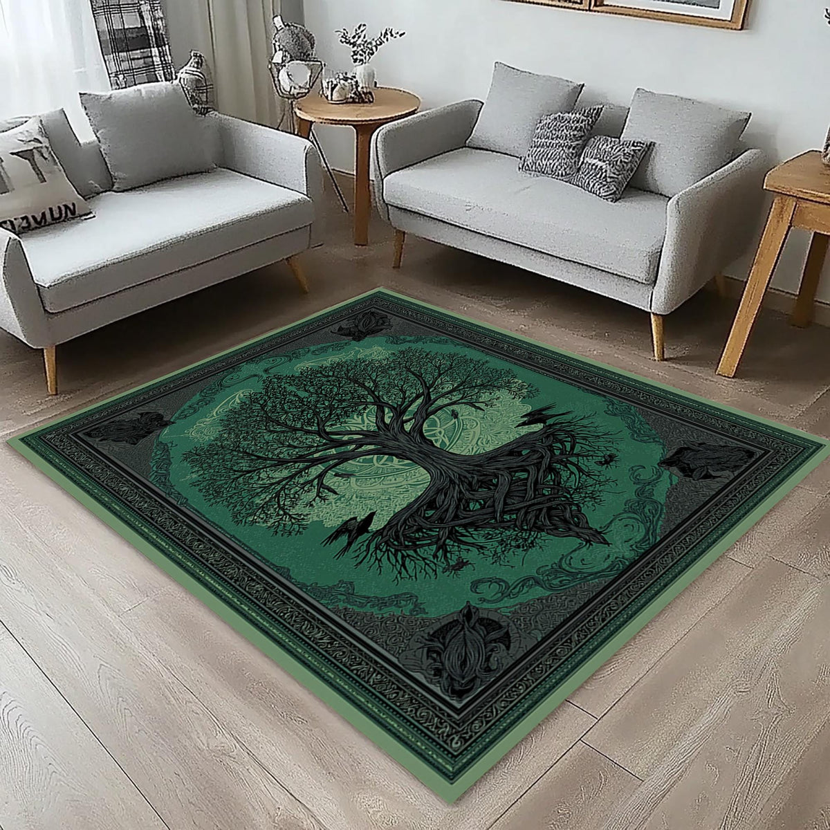 Viking Yggdrasil Tree of Life Rug - Yggdrasil Raven Rug – Green Tree of Life Carpet with Celtic