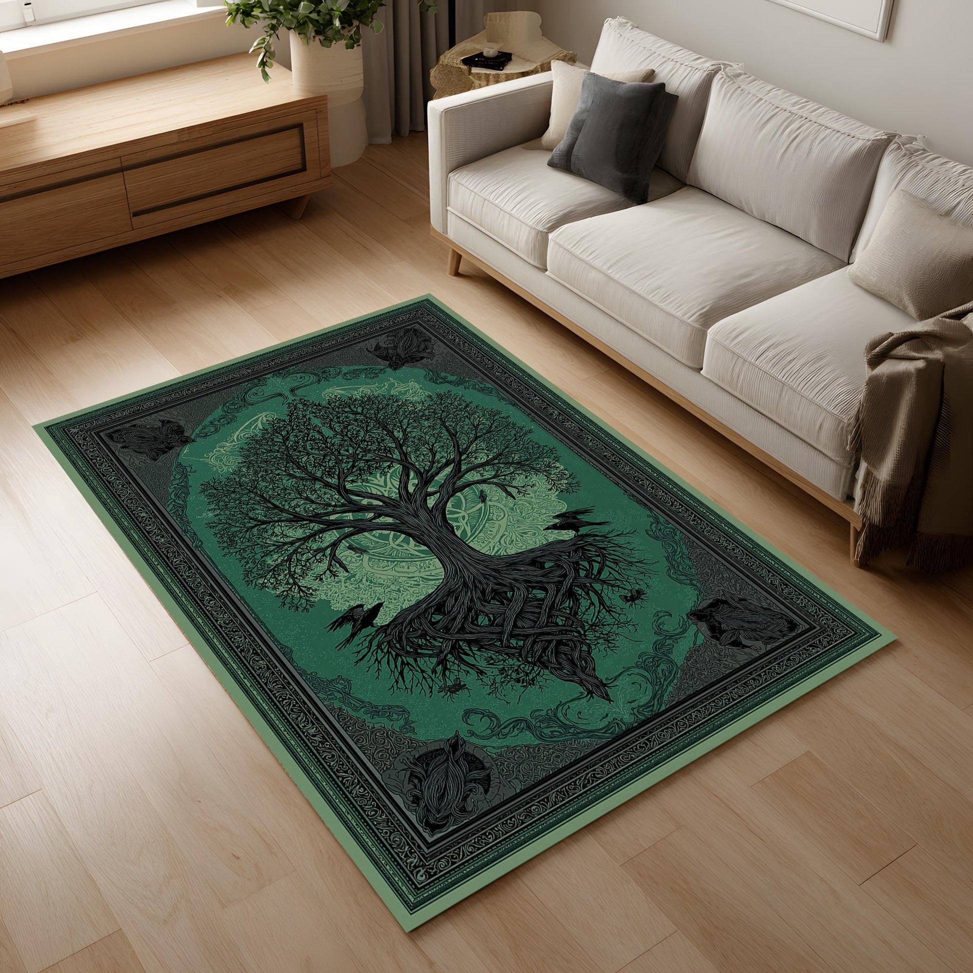 Viking Yggdrasil Tree of Life Rug - Yggdrasil Raven Rug – Green Tree of Life Carpet with Celtic
