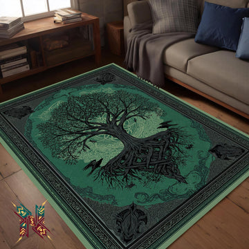 Viking Yggdrasil Tree of Life Rug - Yggdrasil Raven Rug – Green Tree of Life Carpet with Celtic