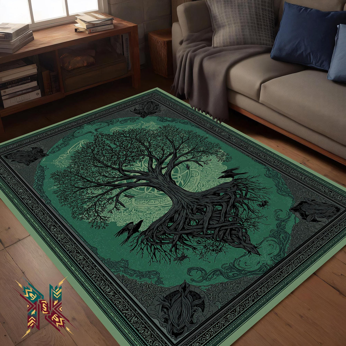 Viking Rug - Viking Axe Runner Rug: Blue Celtic Knot Carpet, Nordic Warrior Pattern, Fantasy Decor