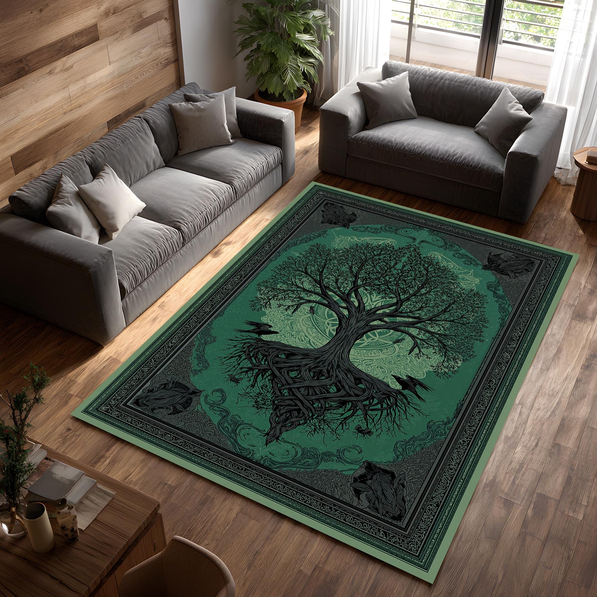 Viking Yggdrasil Tree of Life Rug - Yggdrasil Raven Rug – Green Tree of Life Carpet with Celtic