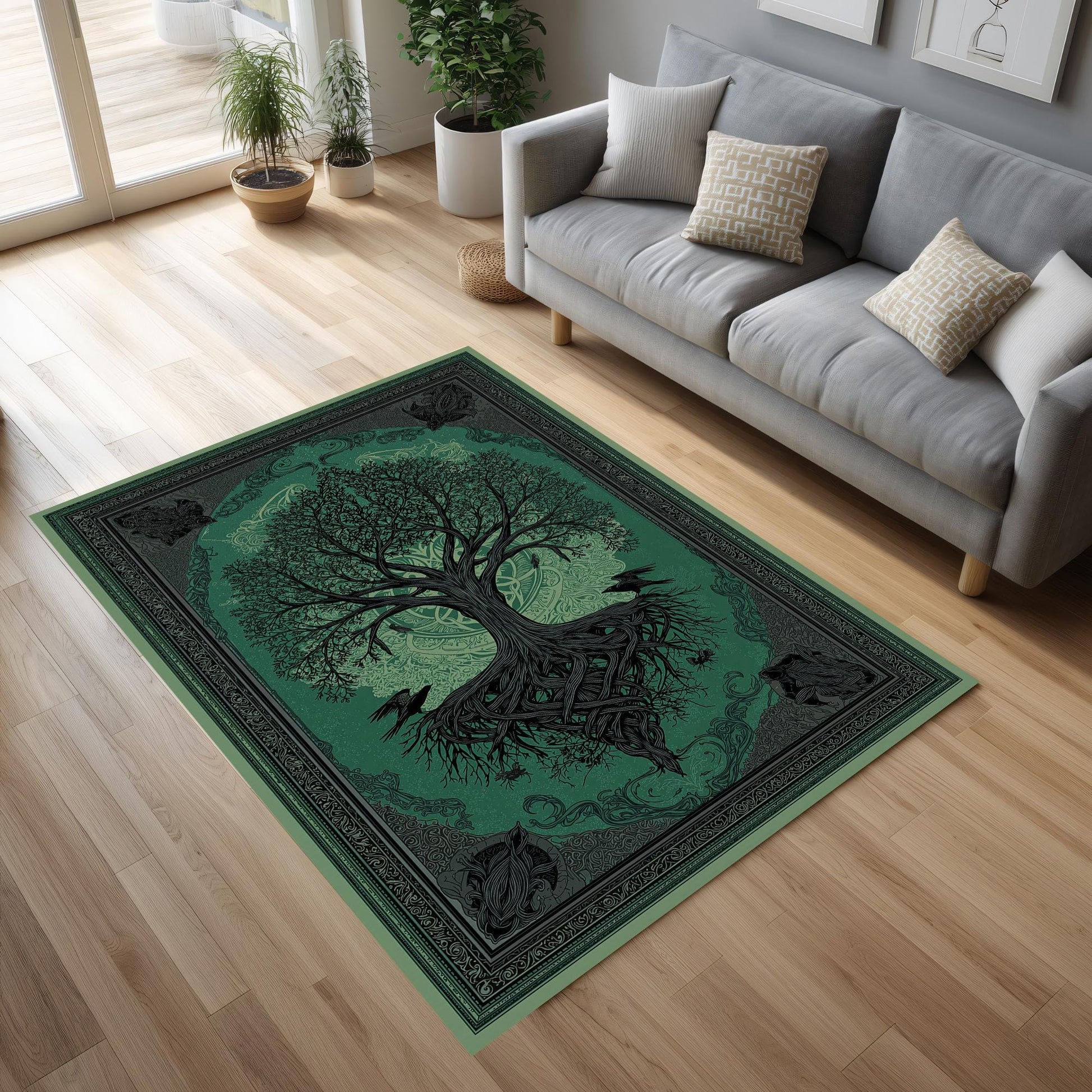 Viking Yggdrasil Tree of Life Rug - Yggdrasil Raven Rug – Green Tree of Life Carpet with Celtic