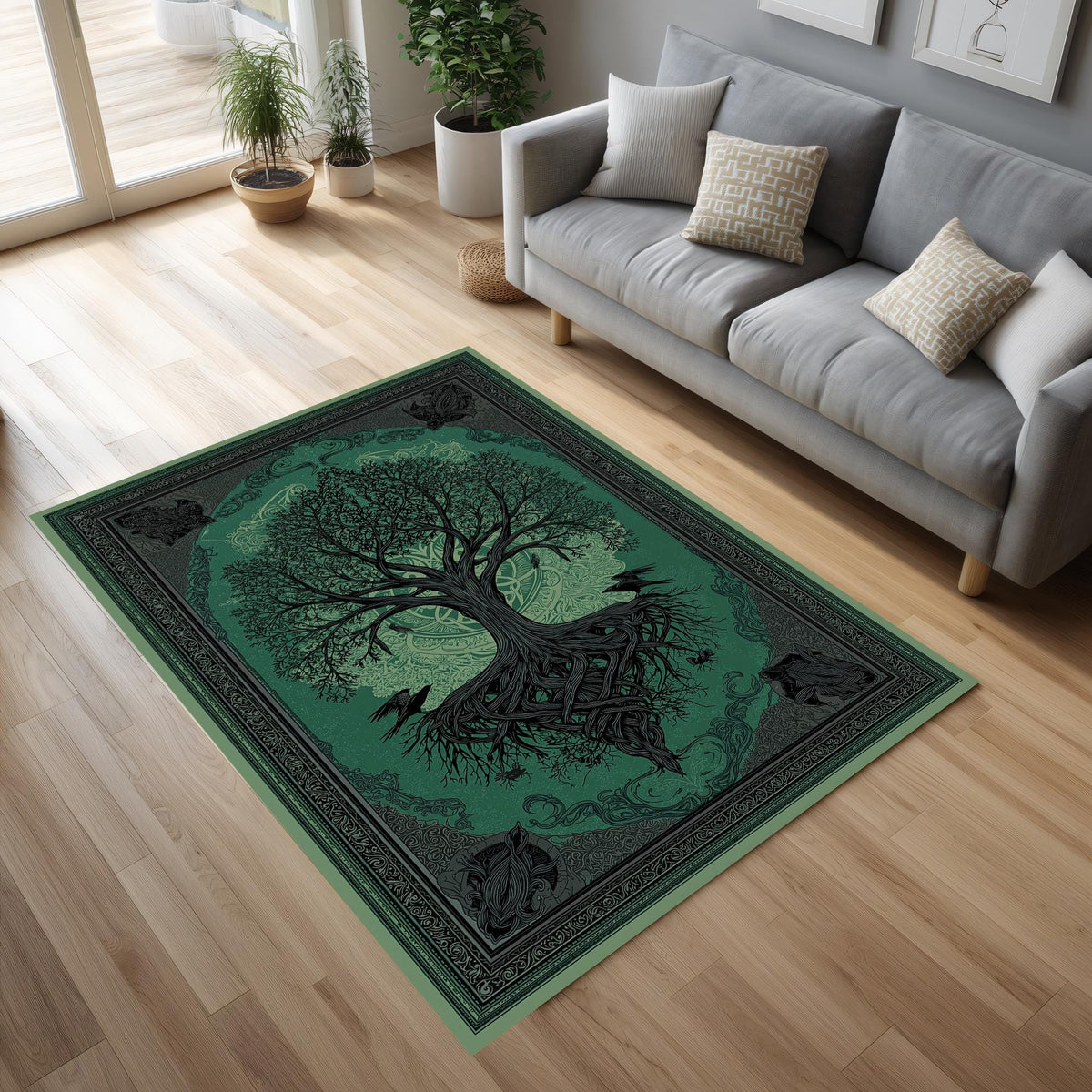 Viking Yggdrasil Tree of Life Rug - Yggdrasil Raven Rug – Green Tree of Life Carpet with Celtic