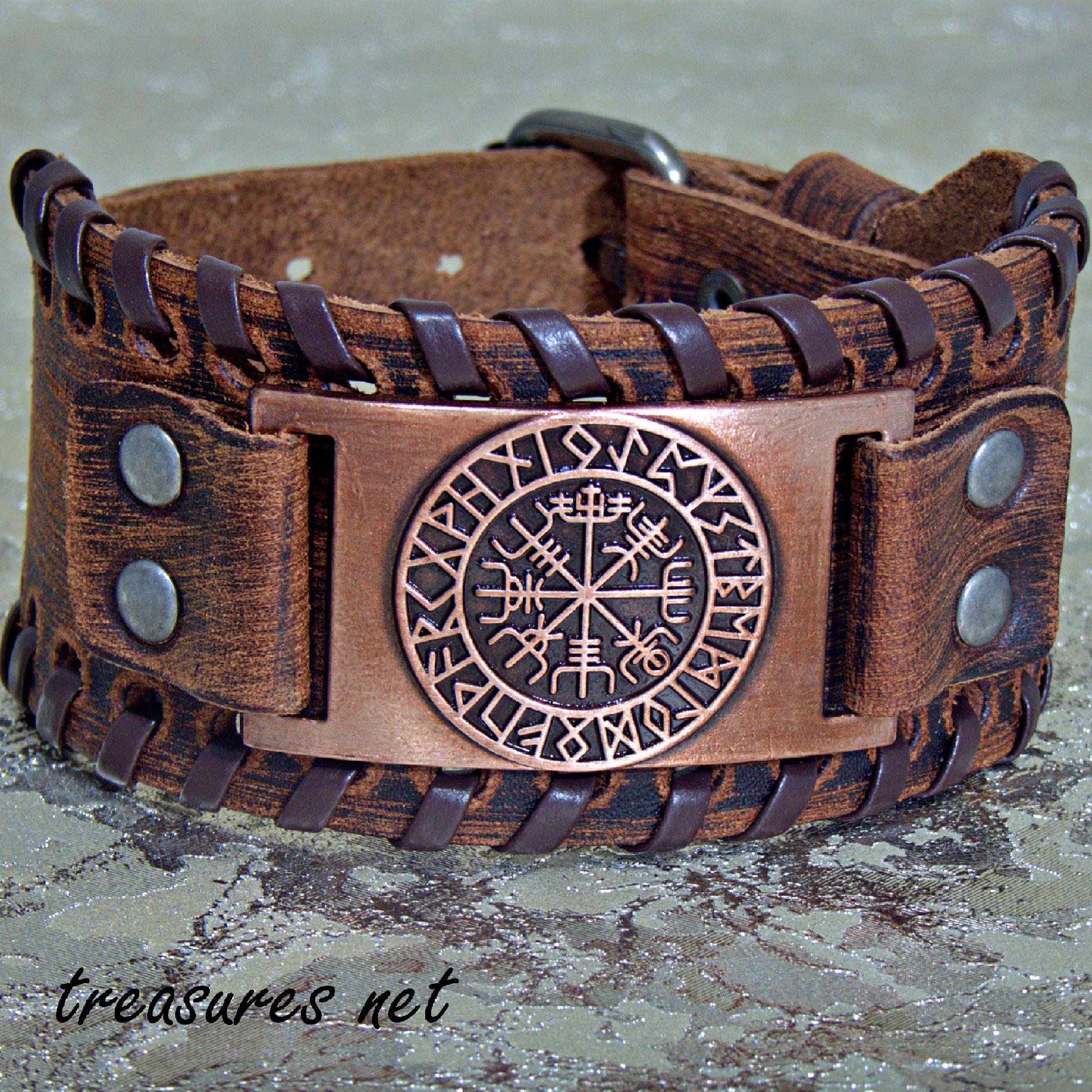Viking Bracelet - Viking compass leather bracelet for men Norse pagan cuff bracelets Nordic jewelry
