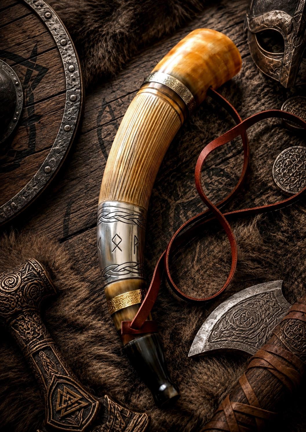 Viking Wolf Weapon Replica - Norse Viking War Horn, Handmade Engraved Wolf Ox Horn, Leather Strap