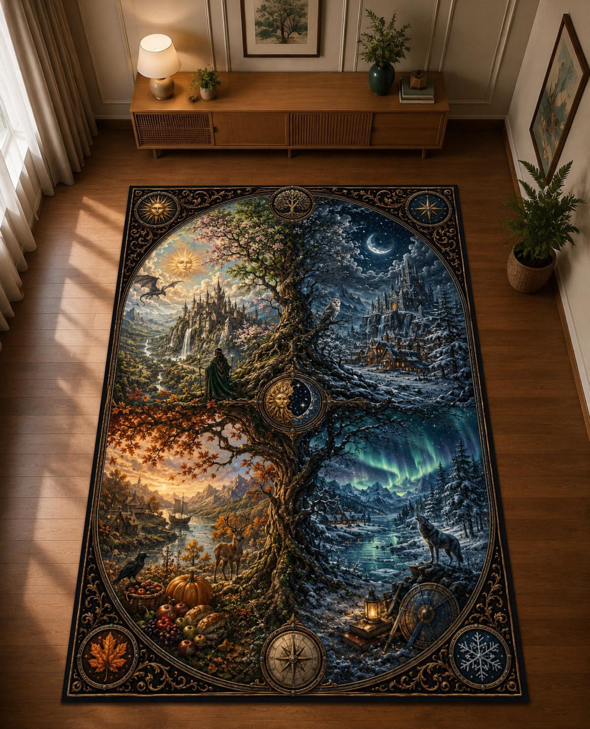 Viking Rug - Celtic Dragon Sword Rug, Viking Knot Carpet, Medieval Fantasy Decor, Gothic Warrior