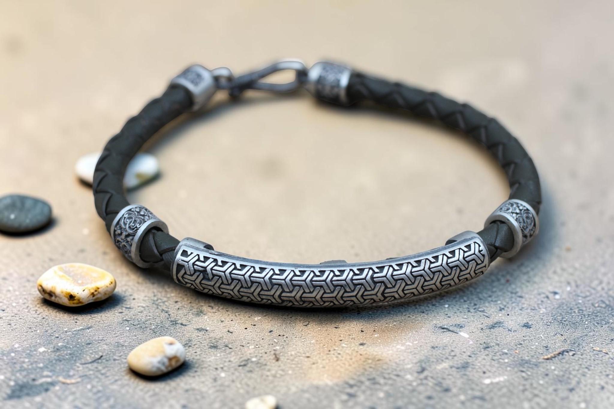 Viking Bracelet - Mens Nordic viking rhune mens leather bracelet gold and black braided. Stainless