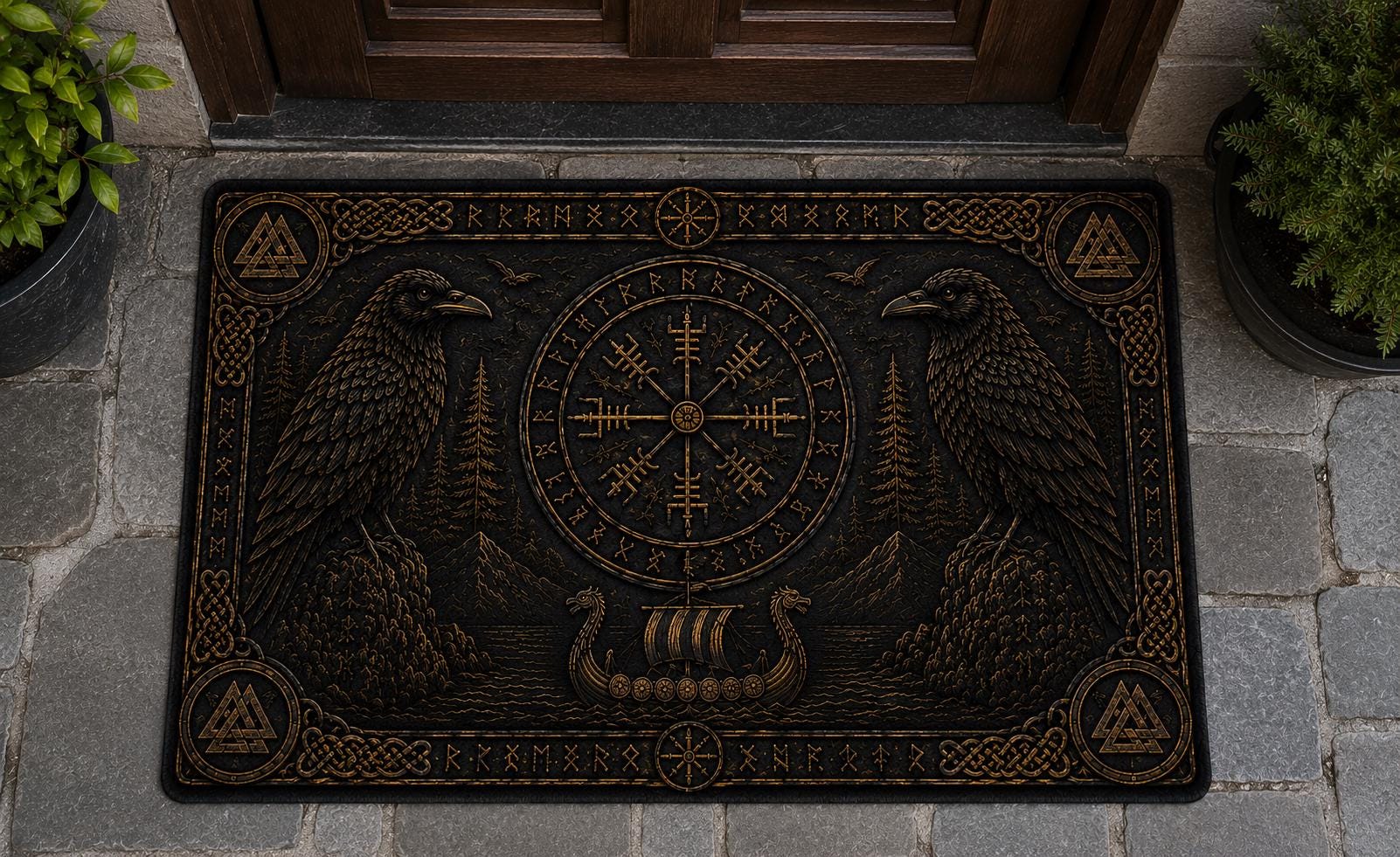 Viking Odin Rug - Huginn Muninn Doormat, Odin Ravens Welcome Mat, Norse Vegvisir Decor, Viking