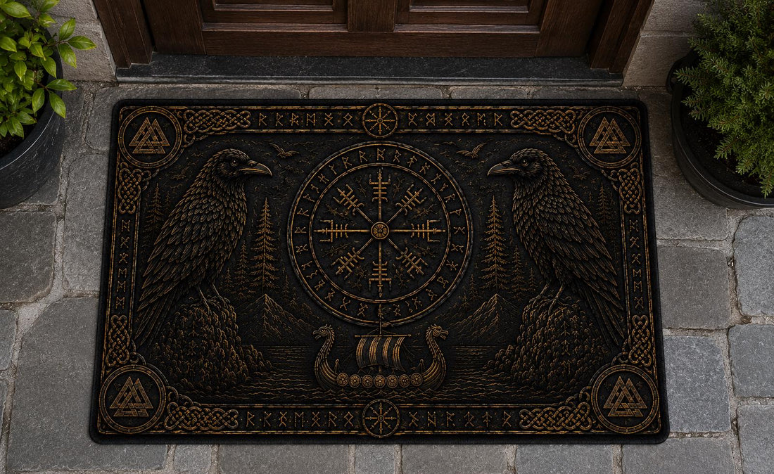 Viking Odin Rug - Viking Raven Doormat, Norse Vegvisir Mat, Odin Raven Decor, Nordic Entry Rug
