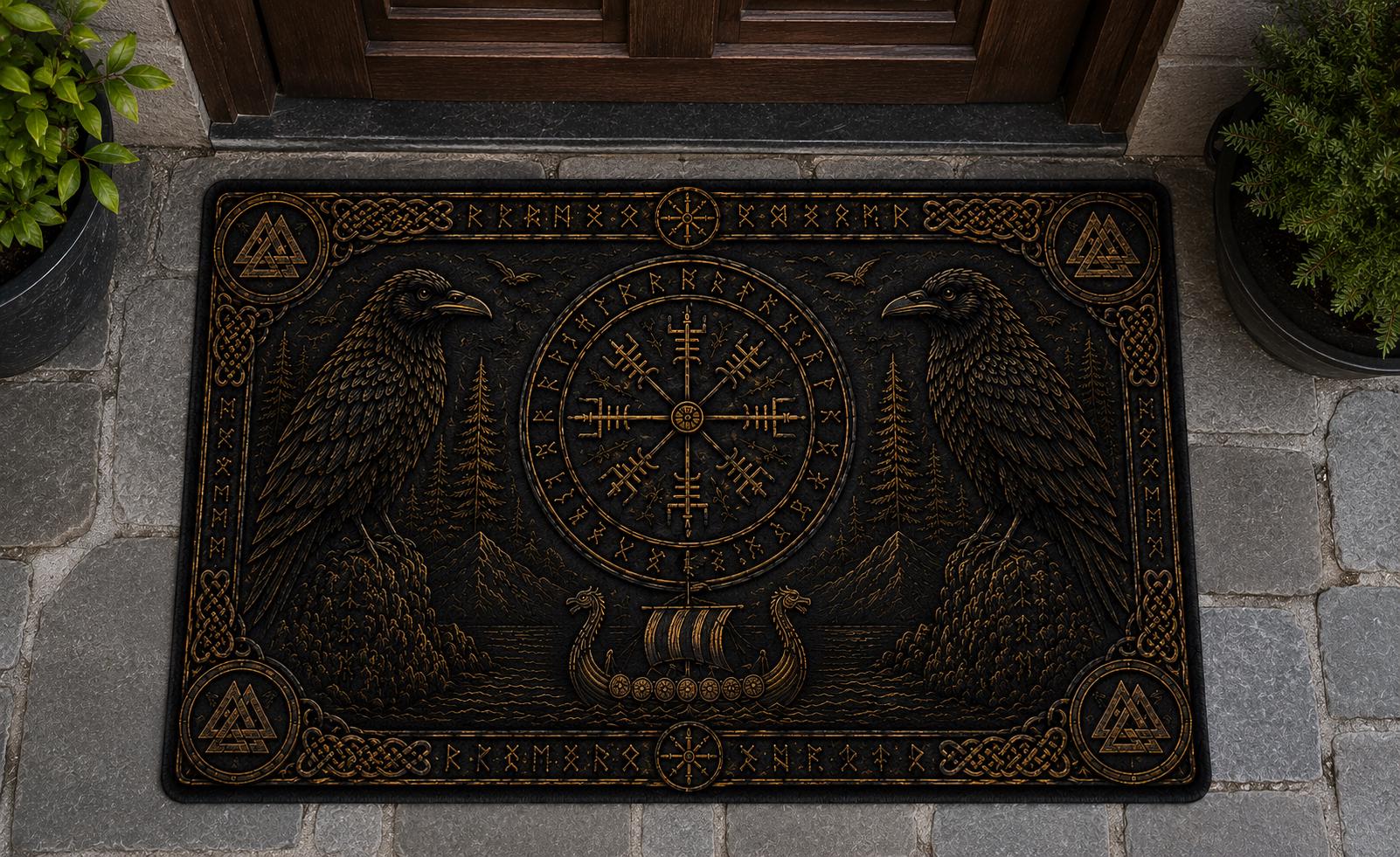 Viking Odin Rug - Viking Raven Doormat, Norse Vegvisir Mat, Odin Raven Decor, Nordic Entry Rug