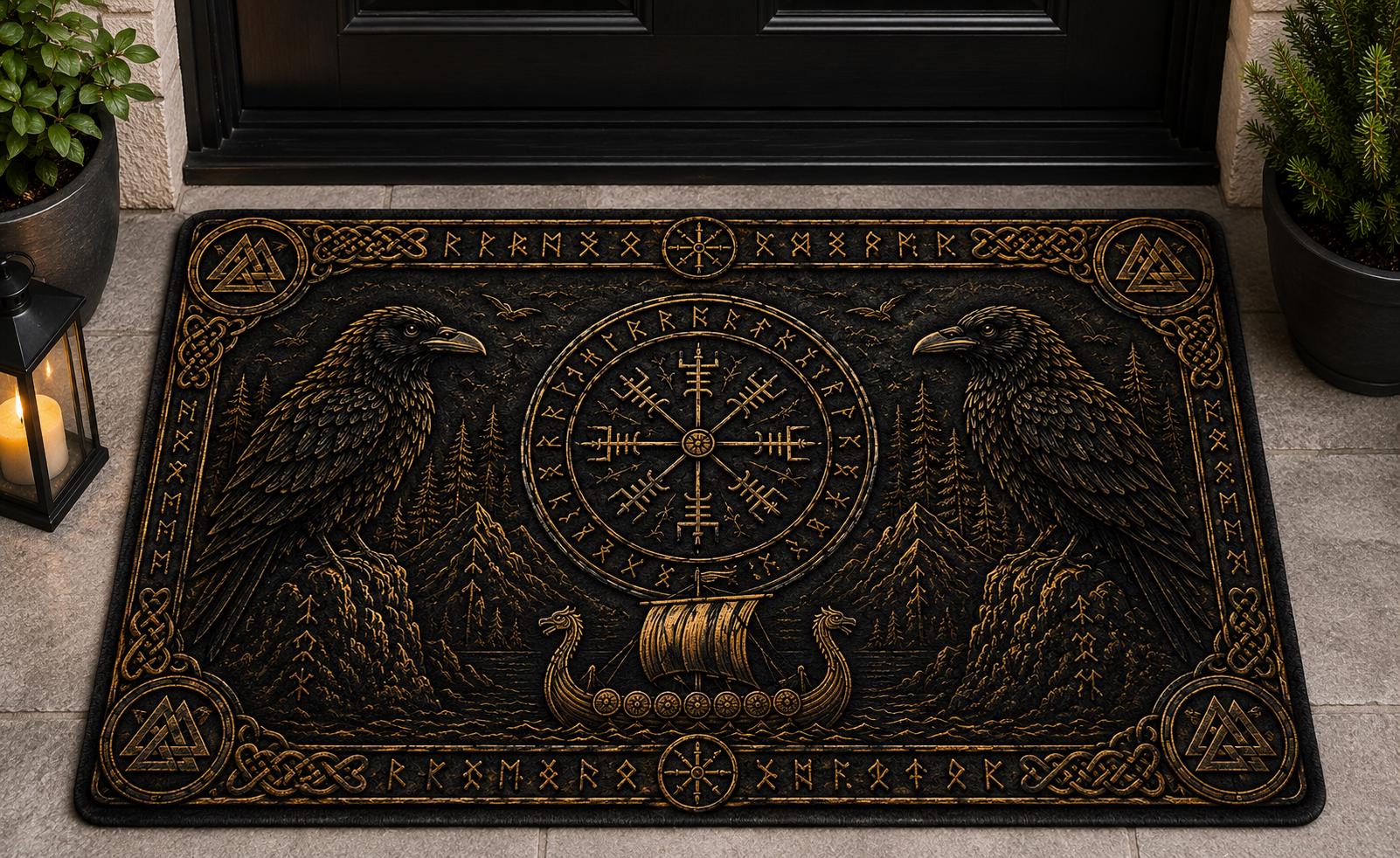 Viking Odin Rug - Viking Raven Doormat, Norse Vegvisir Mat, Odin Raven Decor, Nordic Entry Rug