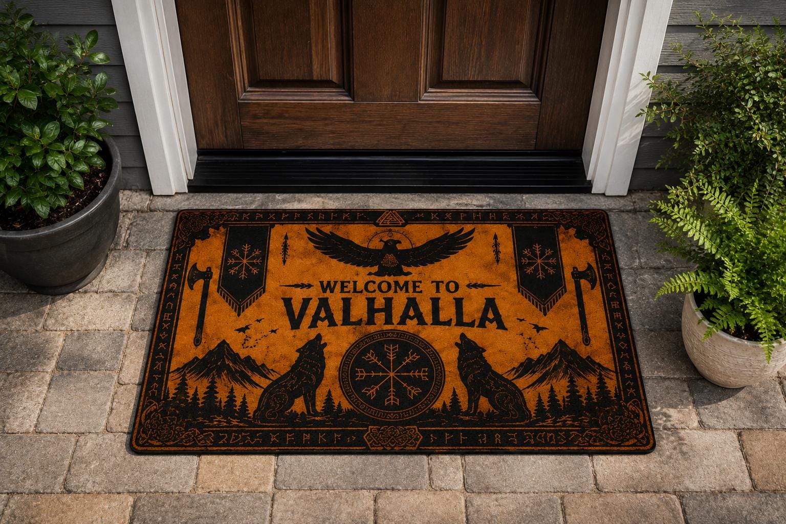 Viking Odin Rug - Huginn Muninn Doormat, Odin Ravens Welcome Mat, Norse Vegvisir Decor, Viking