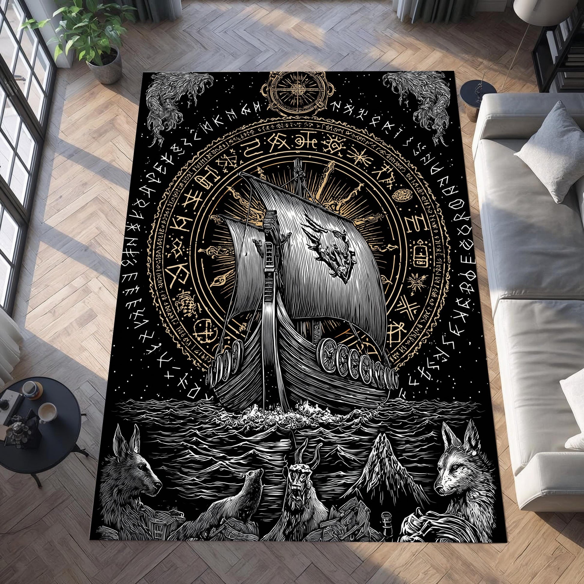 Viking Rune Rug - Norse Viking Ship Rug with Rune Circle and Mythic Animal Guardians, Black Gold