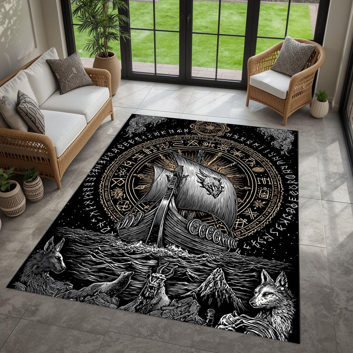 Viking Rune Rug - Norse Viking Ship Rug with Rune Circle and Mythic Animal Guardians, Black Gold