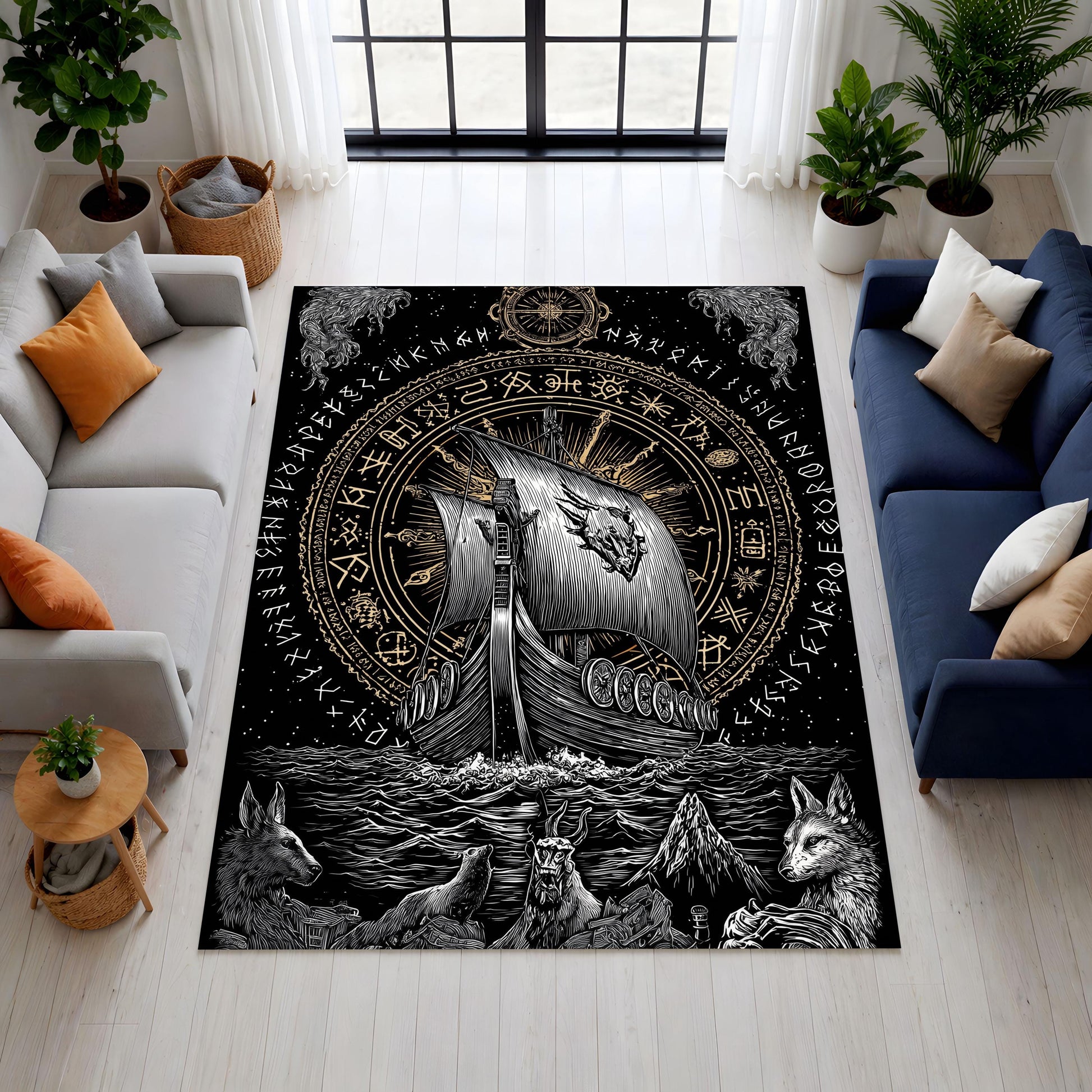 Viking Rune Rug - Norse Viking Ship Rug with Rune Circle and Mythic Animal Guardians, Black Gold