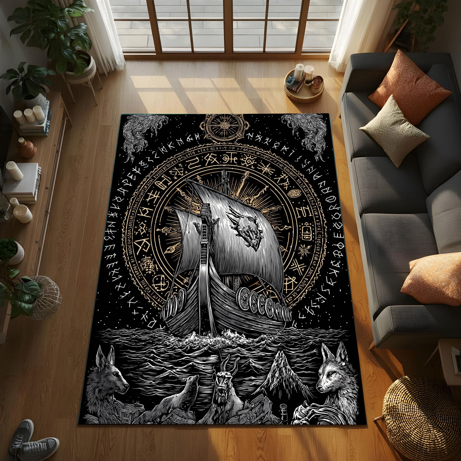 Viking Rune Rug - Norse Viking Ship Rug with Rune Circle and Mythic Animal Guardians, Black Gold