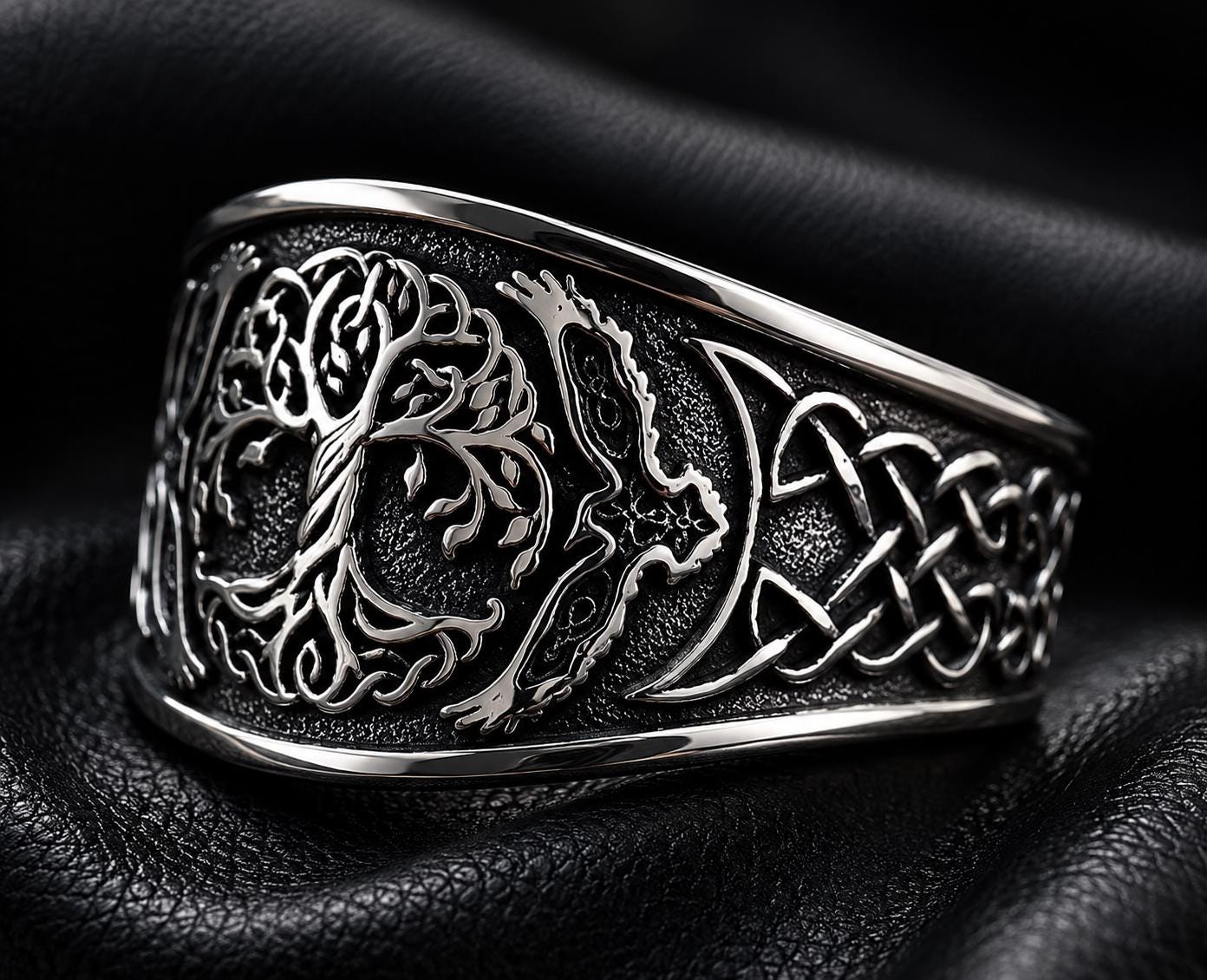 Viking Rune Ring - Viking Tree of Life Ring Mens Titanium Steel Celtic Knot Band Rustic Norse Rune