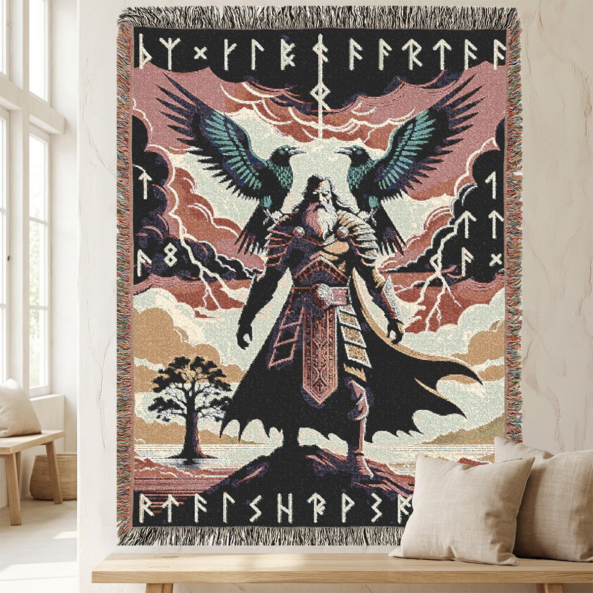 Viking Thor's Hammer Blanket - Viking Longship Woven Blanket, Norse Mythology Tapestry Throw