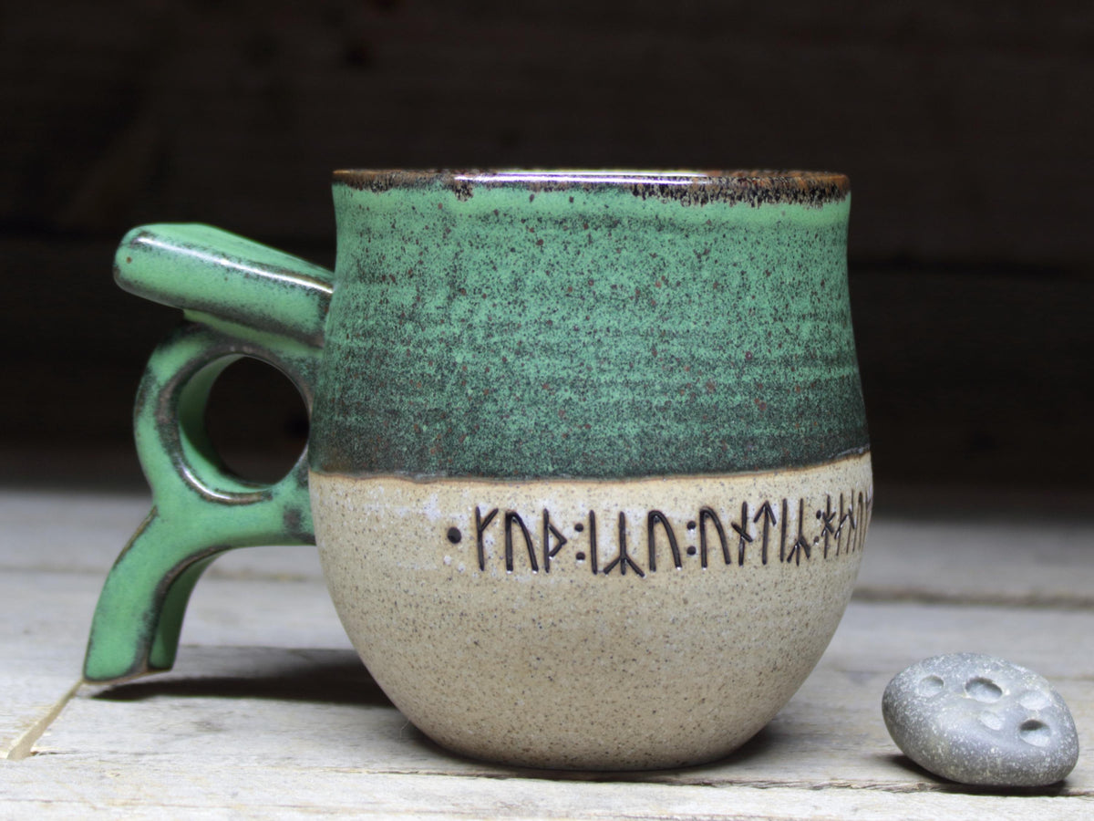 Viking Mug - Handmade Viking mug with runic inscriptions about the Norse gods, Norwegian style