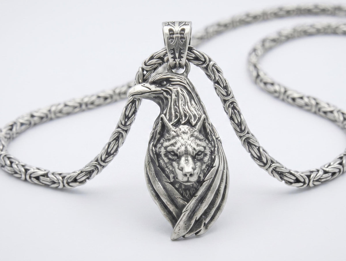 Viking Odin Necklace - Wolf and Raven Pendant, 925 Sterling Silver Norse Viking Necklace, Odin's