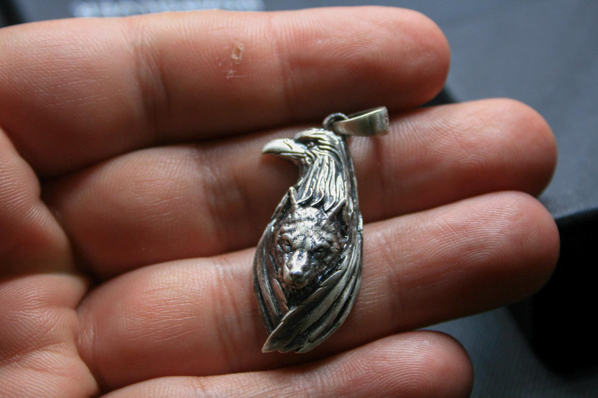 Viking Odin Necklace - Wolf and Raven Pendant, 925 Sterling Silver Norse Viking Necklace, Odin's