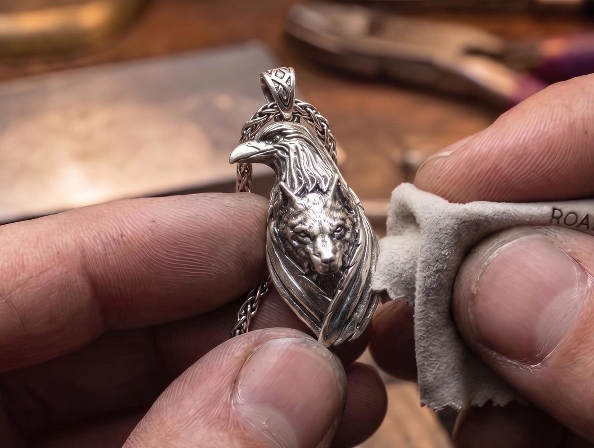 Viking Odin Necklace - Wolf and Raven Pendant, 925 Sterling Silver Norse Viking Necklace, Odin's