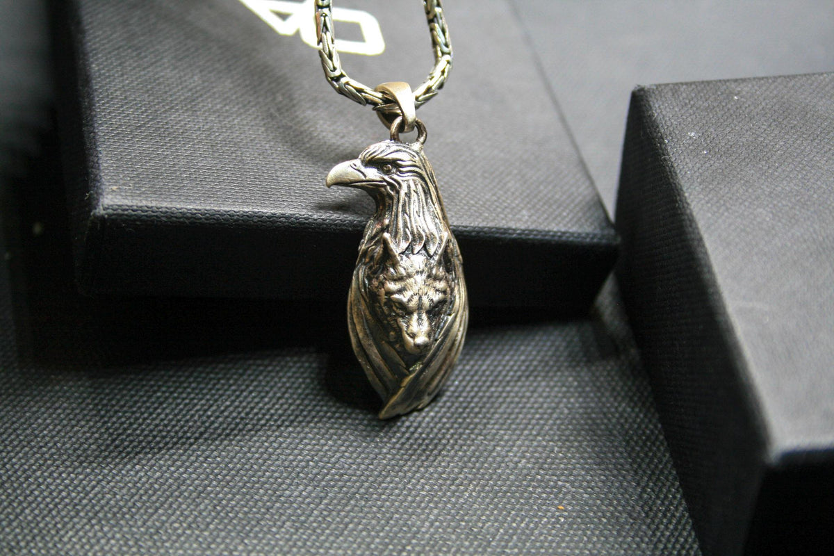 Viking Odin Necklace - Wolf and Raven Pendant, 925 Sterling Silver Norse Viking Necklace, Odin's
