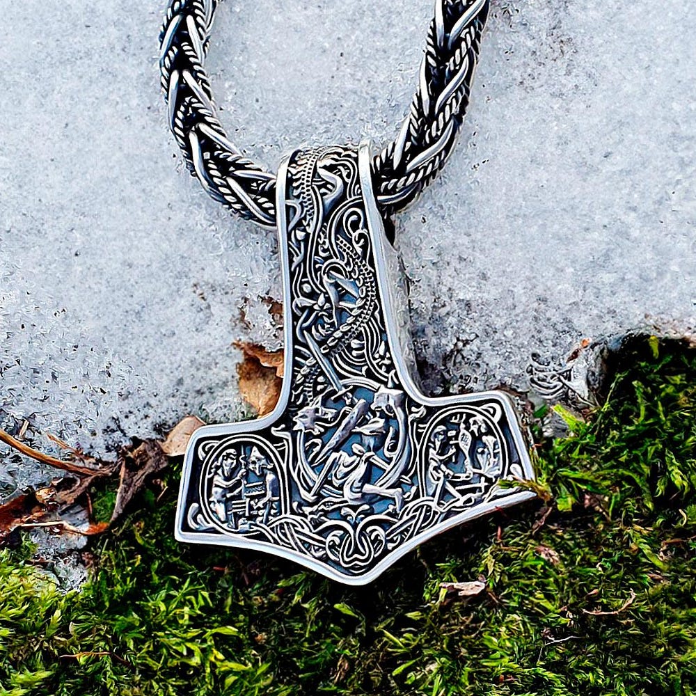 Viking Thor's Hammer Necklace - Mjolnir Necklace, Wolf Chain, Fenrir Amulet, Handmade Viking