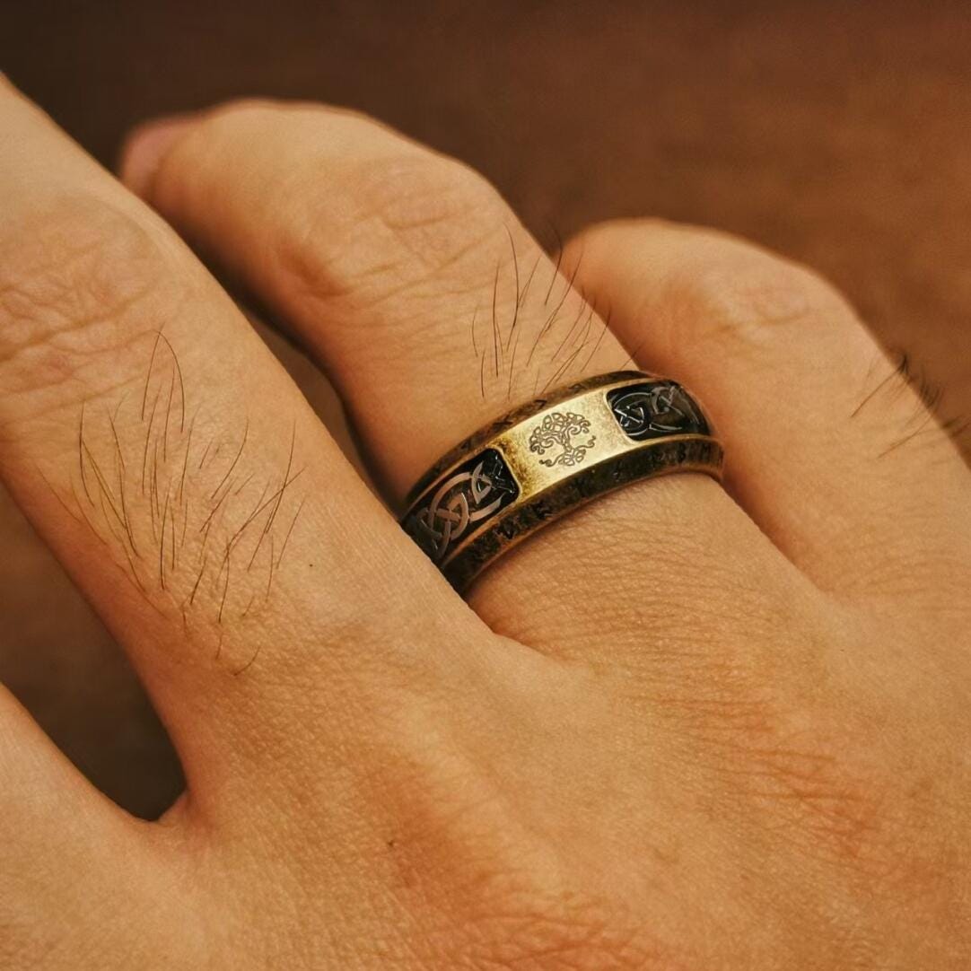 Viking Rune Ring - Viking Tree of Life Ring Mens Titanium Steel Celtic Knot Band Rustic Norse Rune