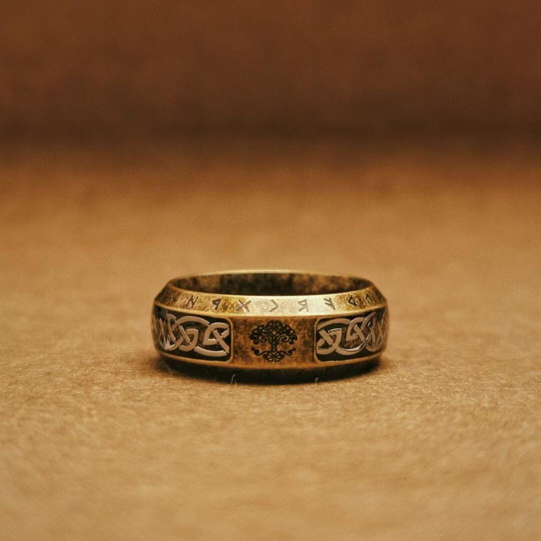 Viking Rune Ring - Viking Tree of Life Ring Mens Titanium Steel Celtic Knot Band Rustic Norse Rune