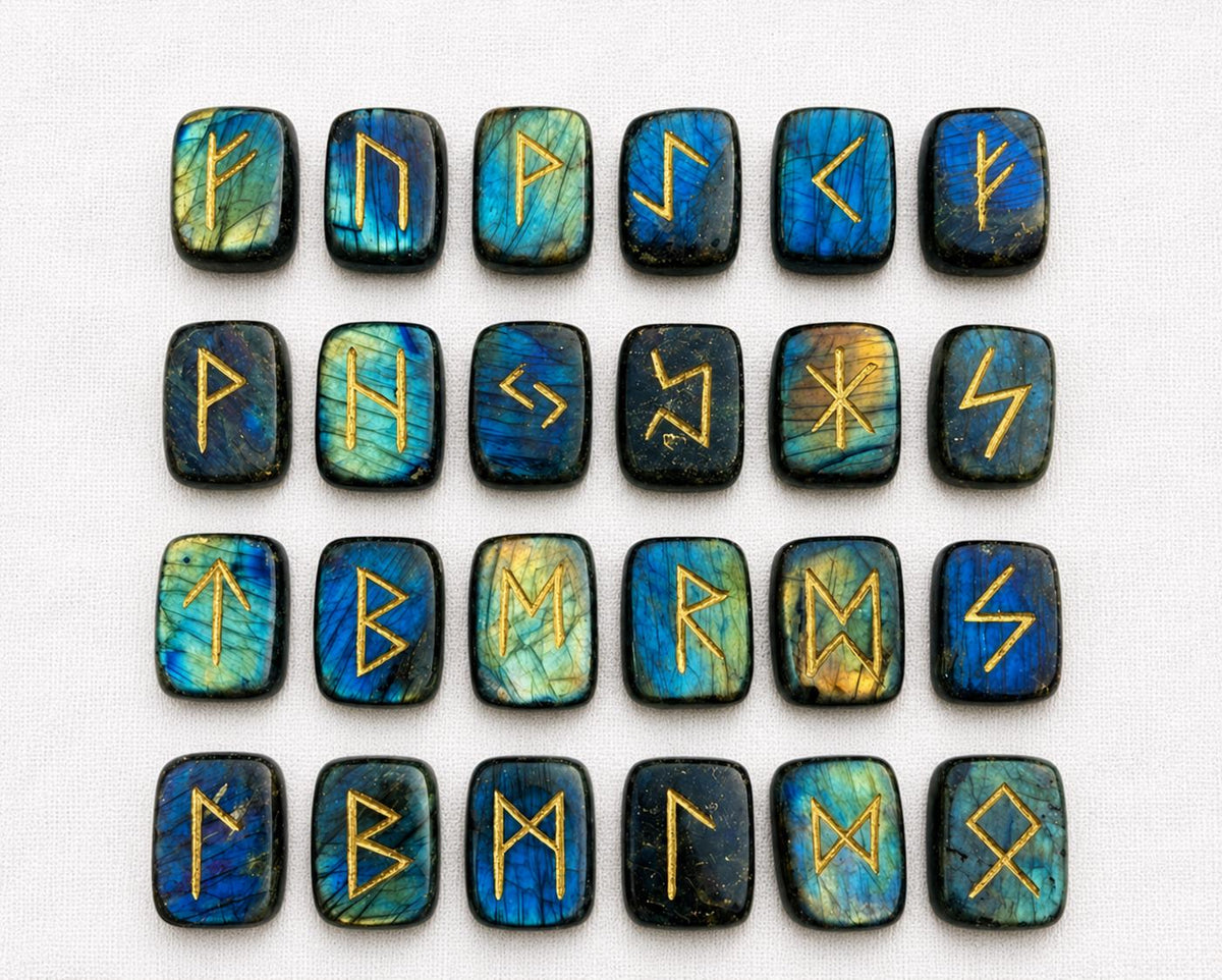 Viking Rune Home Decor - Labradorite Rune Stone Set Hand Engraved Norse Viking Runes for