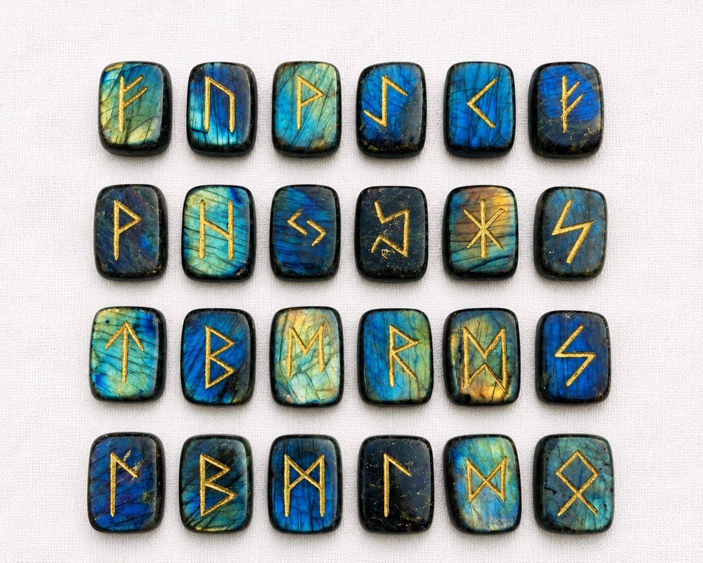 Viking Rune Home Decor - Labradorite Rune Stone Set Hand Engraved Norse Viking Runes for