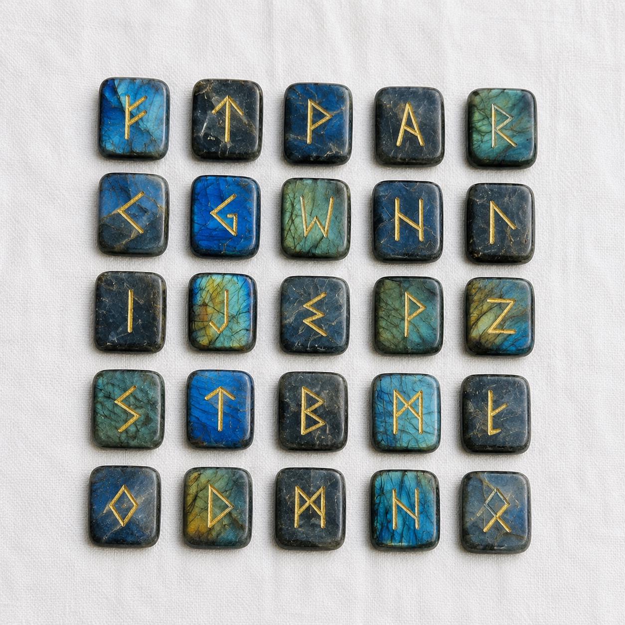 Viking Rune Home Decor - Labradorite Rune Stone Set Hand Engraved Norse Viking Runes for
