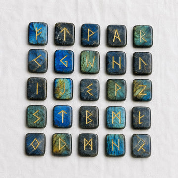Viking Rune Home Decor - Labradorite Rune Stone Set Hand Engraved Norse Viking Runes for