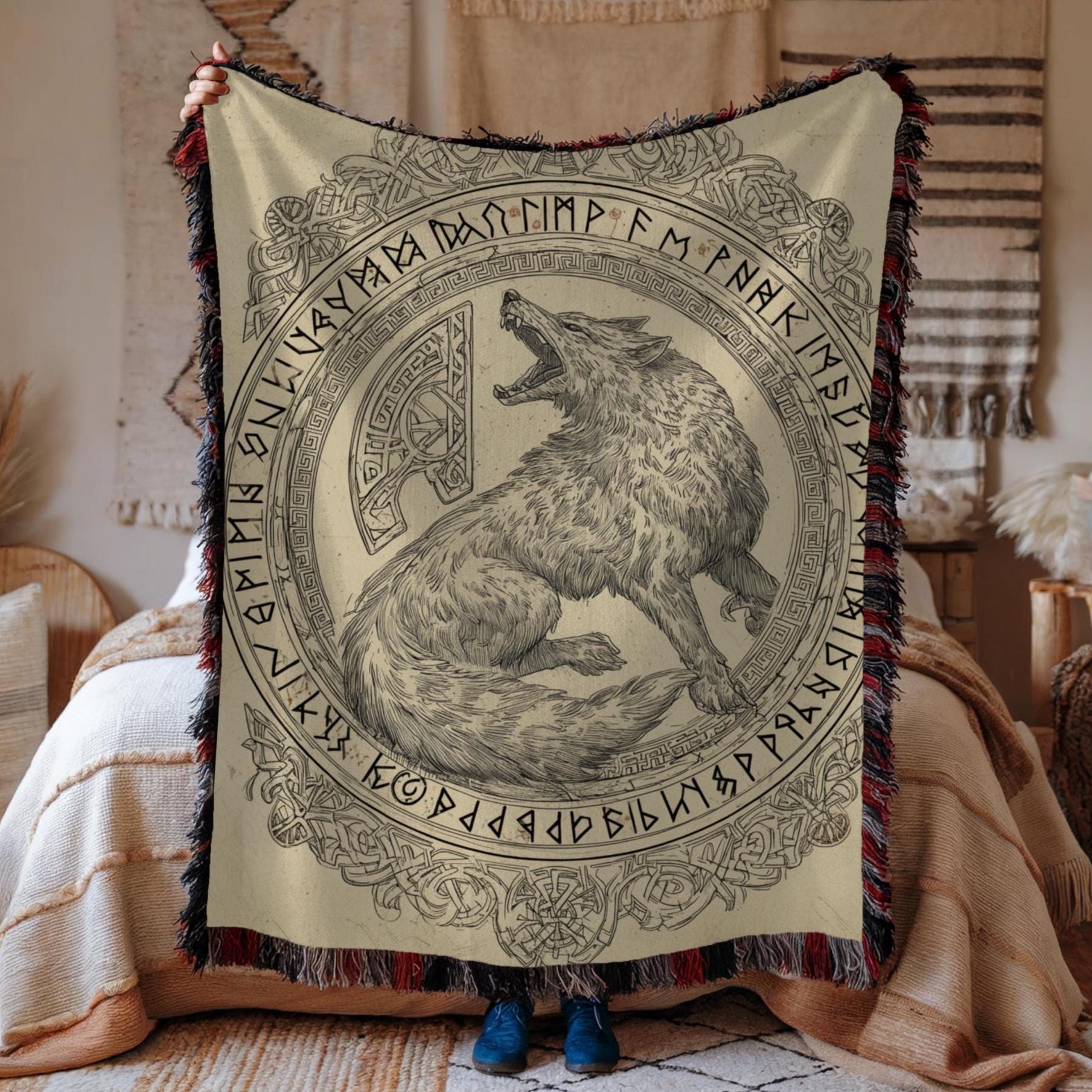 Viking Wolf Blanket - Fenrir Nordic Design Woven Blanket, Viking wall Art, Mountains, Pine Trees