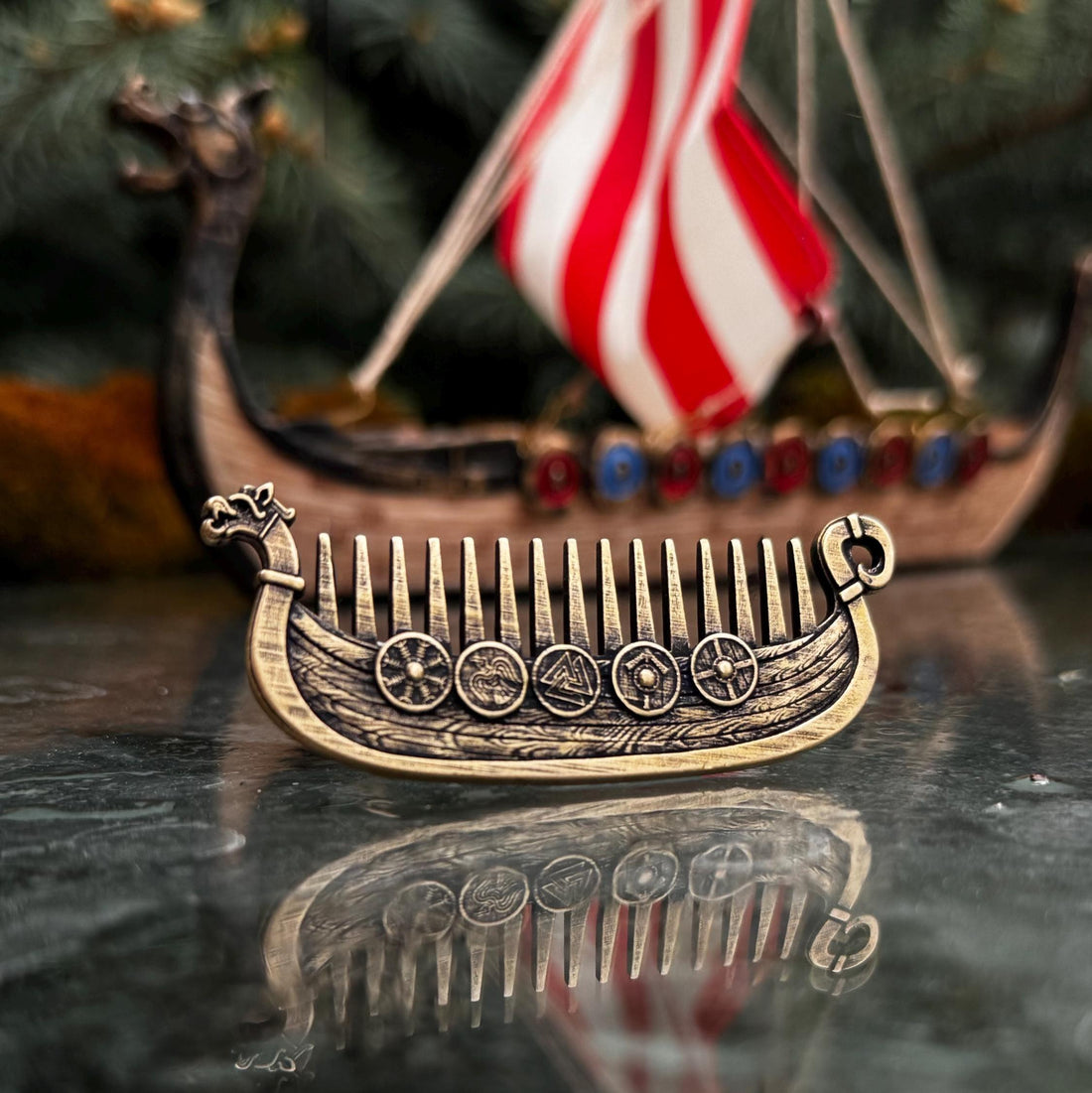 Viking Leather Accessory - Viking ship Beard comb EDC Nordic jewelry Viking Gifts for Him