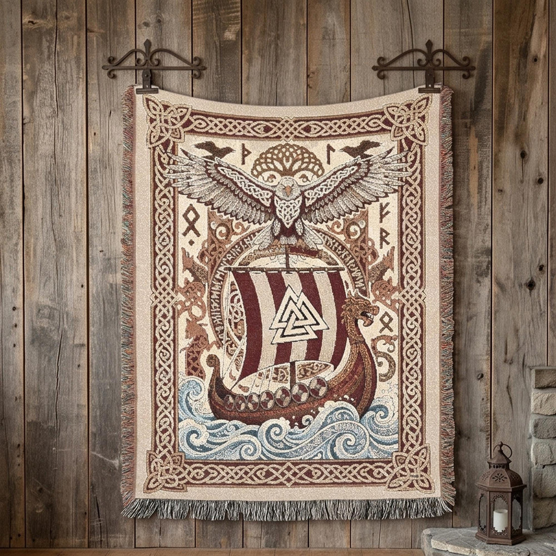 Viking Valknut Blanket - Viking Longship and Valknut Woven Blanket, Norse Eagle Celtic Knotwork