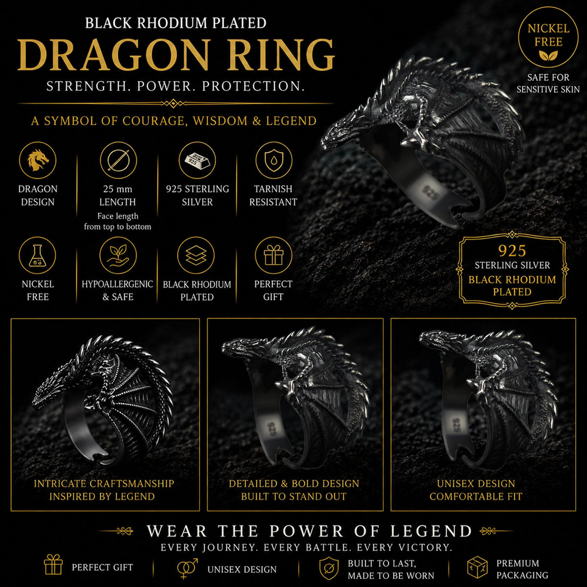 Viking Ring - Sterling Silver Dragon Ring, Adjustable Wrap Band, Gothic Mens Ring, Fantasy Jewelry