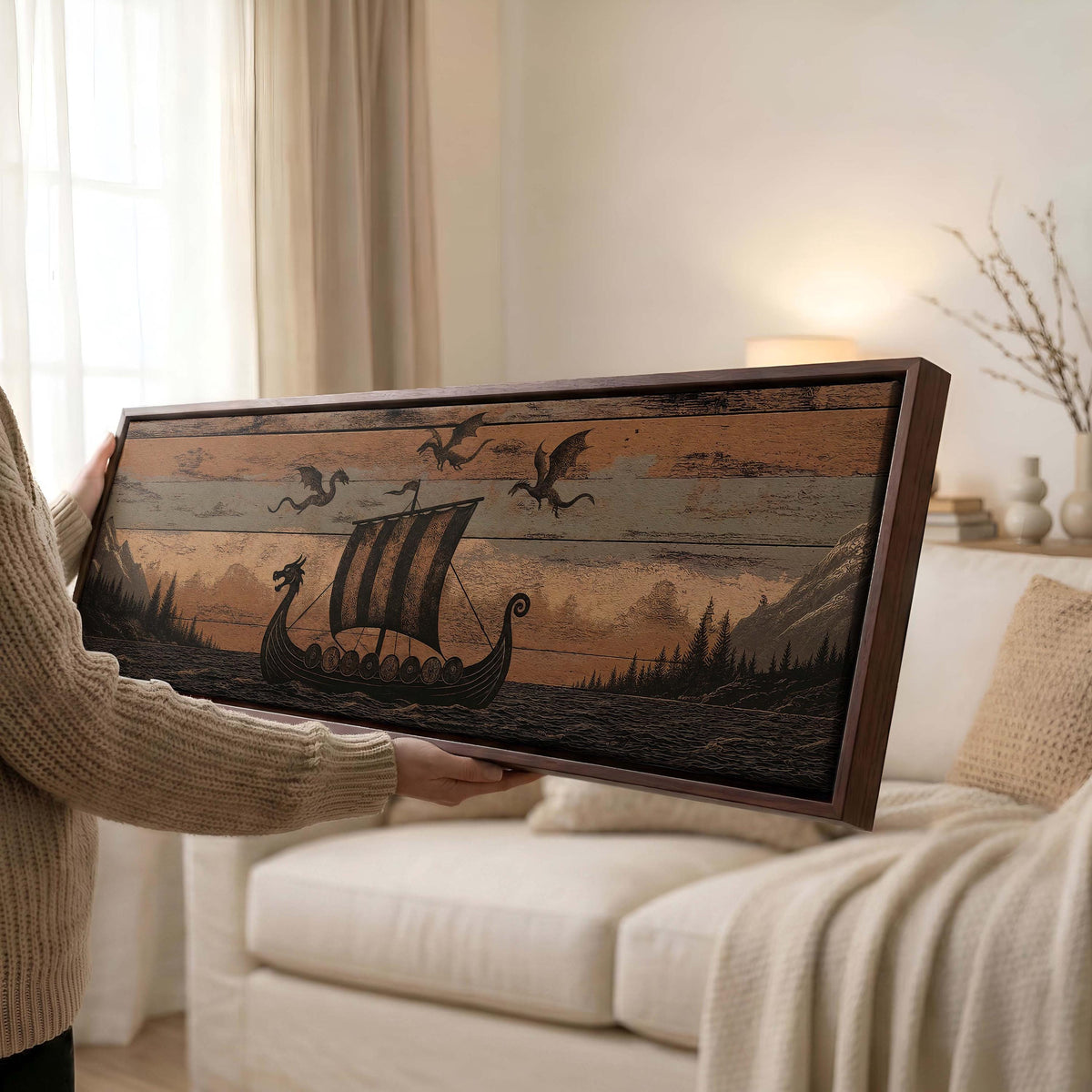 Viking Longship Home Decor - Panoramic Wall Art Viking Longship Canvas - Scandinavian Decor Norse