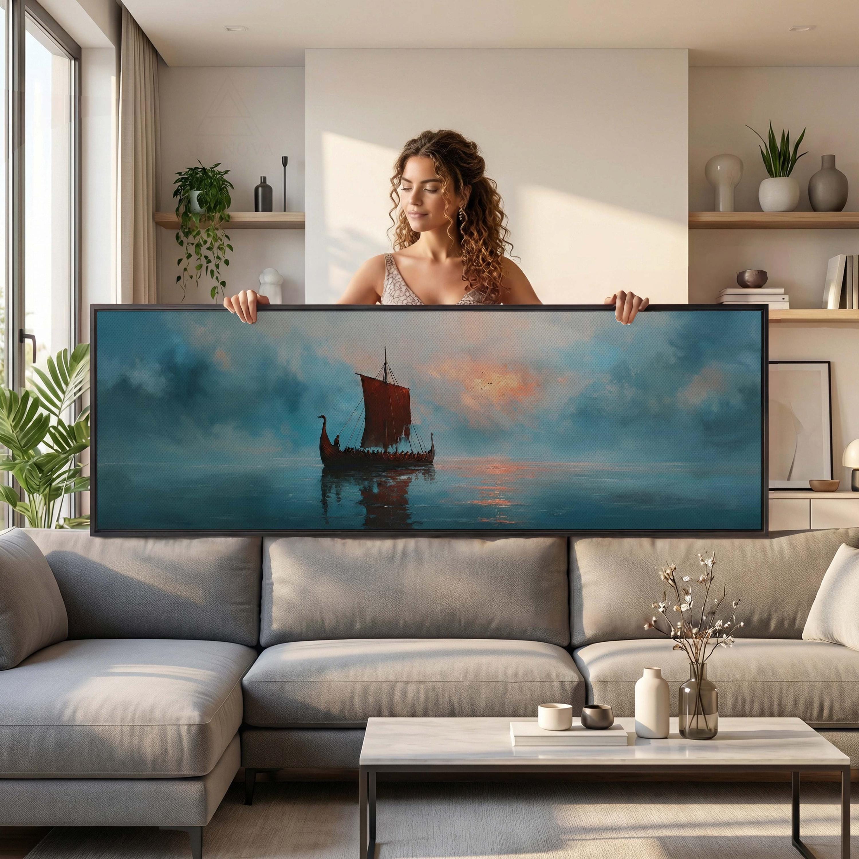 Viking Longship Home Decor - Panoramic Wall Art Viking Longship Canvas - Scandinavian Decor Norse