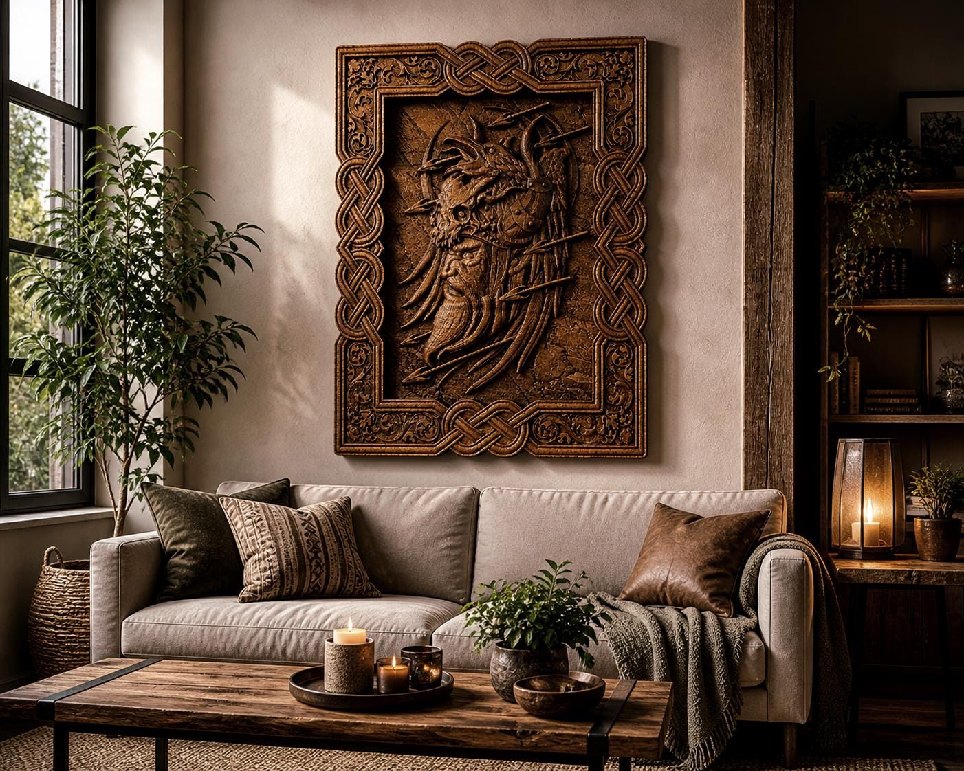 Viking Home Decor - Hand-Carved Viking Warrior Beech Wood Panel – Norse Decor