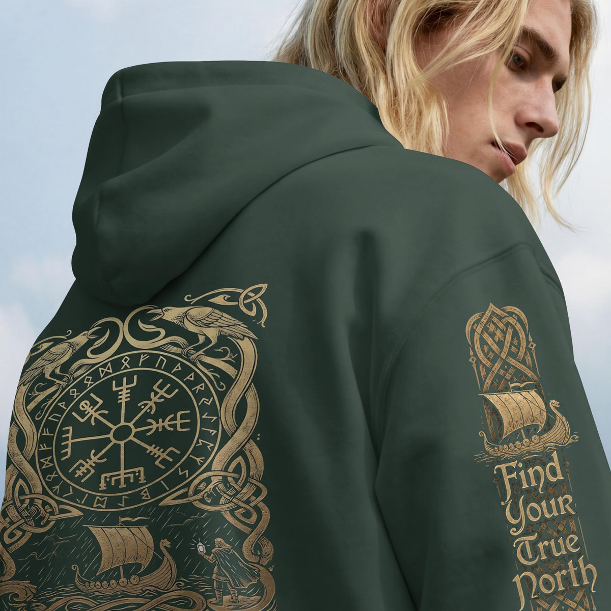 Viking Vegvisir Compass Hoodie - Nordic Viking Hoodie, Vegvisir Compass, Futhark Runes, Norse