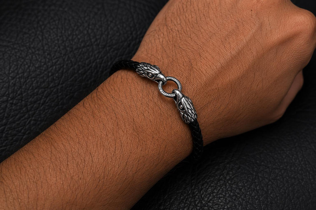 Viking Bracelet - Mens Eagle Bracelet - Sterling Silver Bracelet For Men - Black Leather Viking